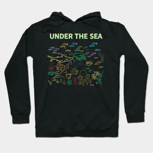 under the sea,blue sea,sea creatures,Turtle, puffer fish, starfish, shrimp, shark, tropical fish, sea horse, seaweed, sardines, squid, crabs, clams Hoodie